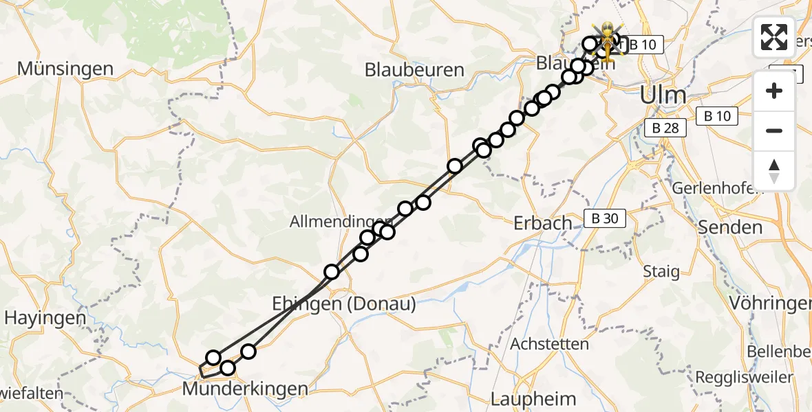 Flugroute Rettungshubschrauber Ulm Military Hospital Emergency - ADAC Air Rescue Station Ulm (Christoph 22), 28 Juni 2026, 14:30