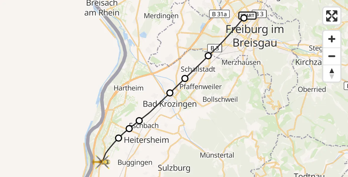 Flugroute Ambulanzhubschrauber Freiburg im Breisgau Flugplatz - Neuenburg am Rhein, 28 Juni 2026, 14:38