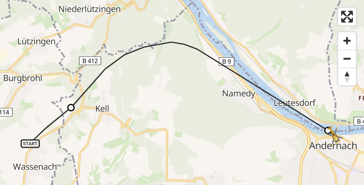 Flugroute Rettungshubschrauber Wassenach - Sankt-Nikolaus Diocesan Hospital, 28 Juni 2026, 14:39
