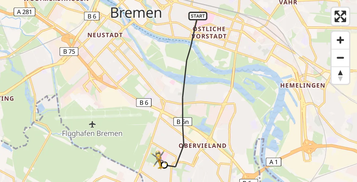Flugroute Rettungshubschrauber Bremen - ADAC Air Rescue Station Bremen Hubschrauberlandeplatz (Christoph 6), 28 Juni 2026, 14:40