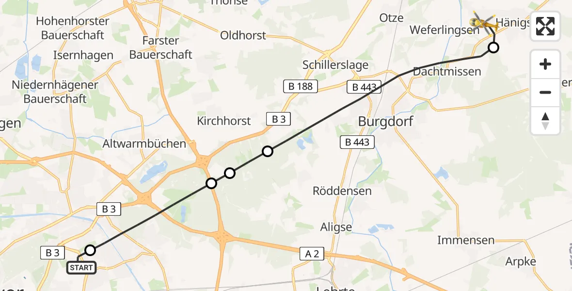 Flugroute Rettungshubschrauber Hannover Luftrettung Hubschrauberlandeplatz (Christoph 4) - Uetze, 28 Juni 2026, 14:47