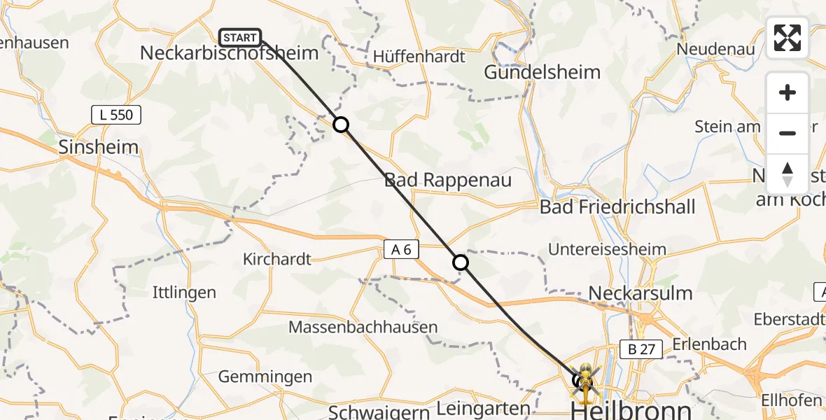 Flugroute Rettungshubschrauber Neckarbischofsheim - Heilbronn Hospital, 28 Juni 2026, 14:47