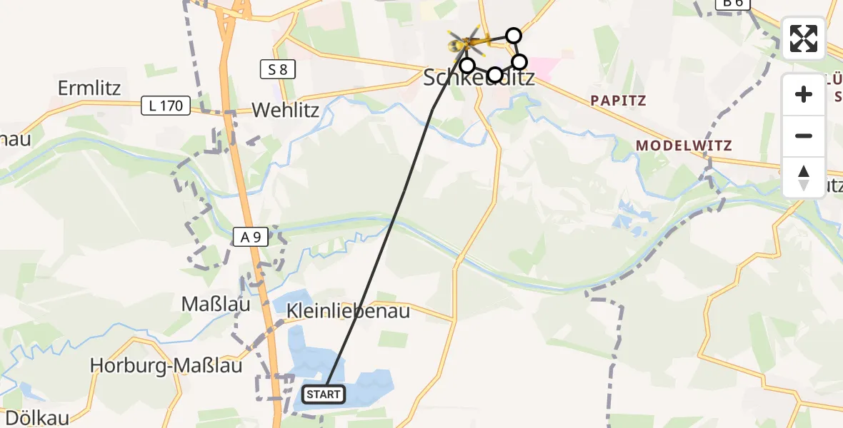 Flugroute Rettungshubschrauber Schkeuditz - Schkeuditz, 28 Juni 2026, 14:48