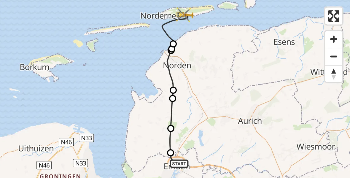 Flugroute Ambulanzhubschrauber Emden - Norderney Flughafen, 28 Juni 2026, 14:49