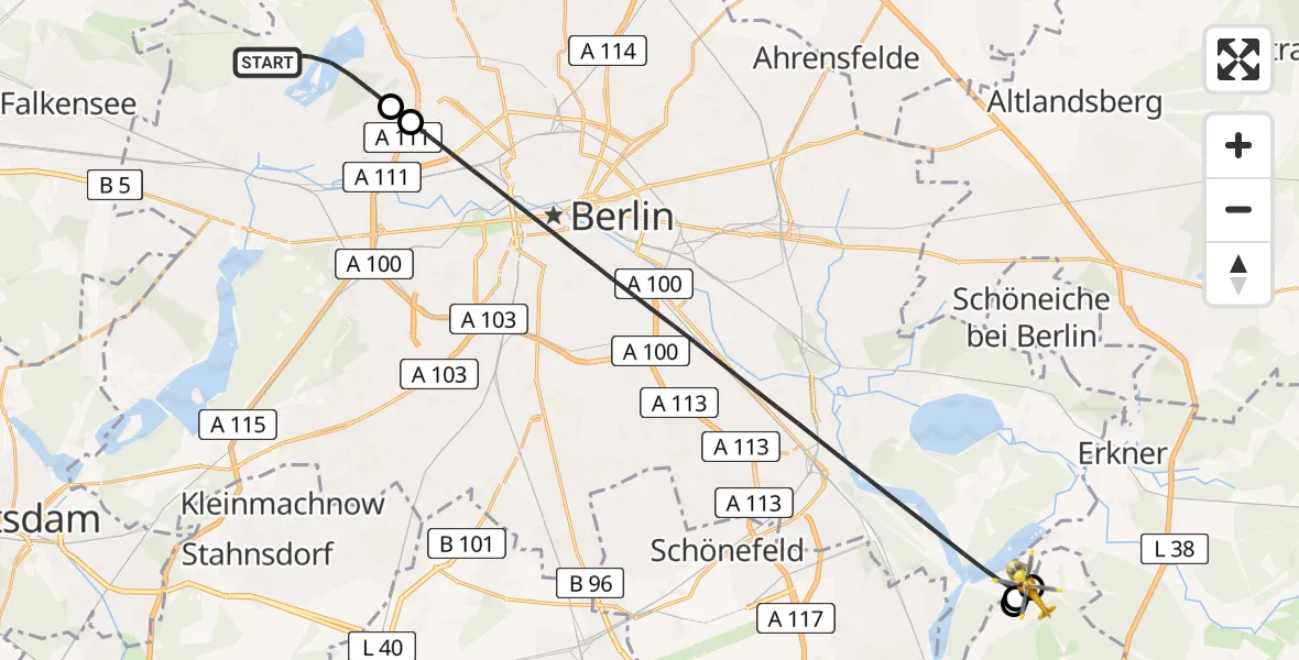 Flugroute Rettungshubschrauber Berlin - Königs Wusterhausen, 28 Juni 2026, 14:51