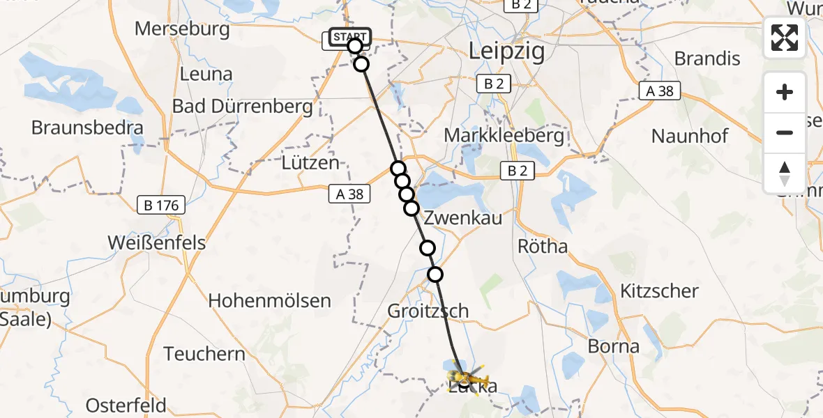 Flugroute Rettungshubschrauber ADAC Air Rescue Station Leipzig/Schkeuditz-Dölzig Hubschrauberlandeplatz (Christoph 61) - Lucka, 28 Juni 2026, 14:51