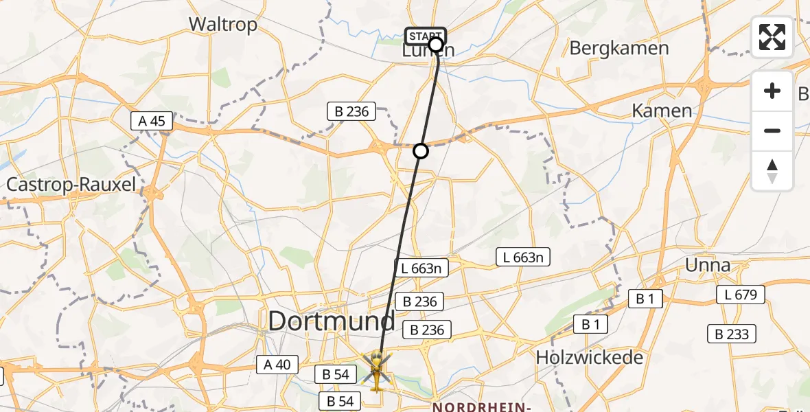 Flugroute Rettungshubschrauber Sankt Marien Hospital - Dortmund, 28 Juni 2026, 14:52