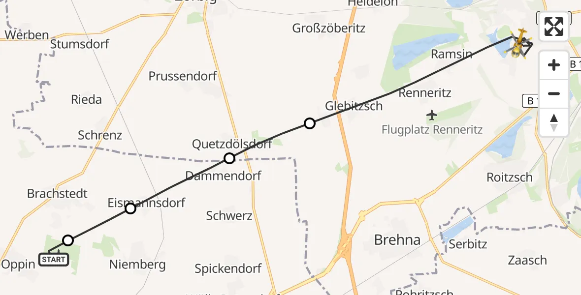 Flugroute Rettungshubschrauber Halle-Oppin Flugplatz - Sandersdorf-Brehna, 28 Juni 2026, 14:52