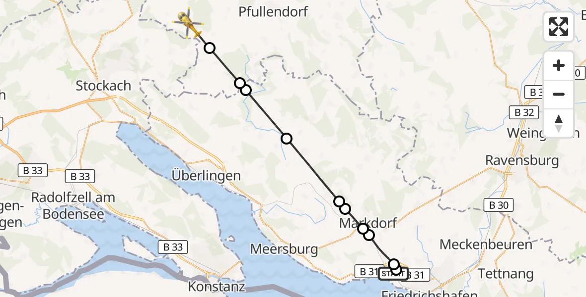 Flugroute Rettungshubschrauber Friedrichshafen Hospital - Wald, 28 Juni 2026, 14:53