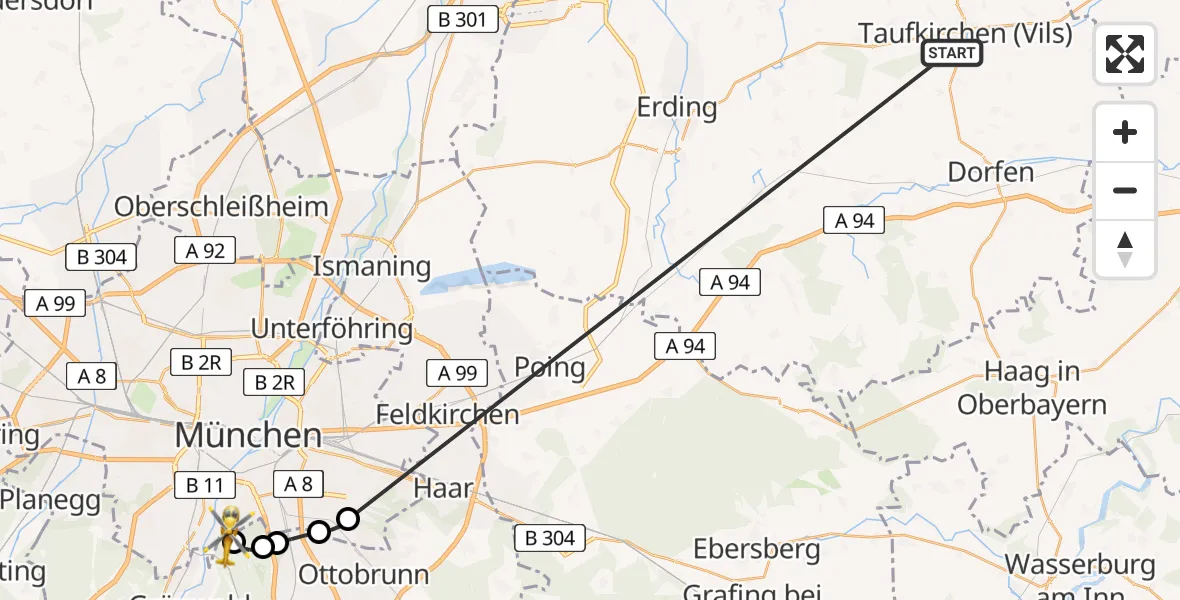 Flugroute Rettungshubschrauber Taufkirchen (Vils) - ADAC Air Rescue Center Hubschrauberlandeplatz (Christoph 1), 28 Juni 2026, 14:53