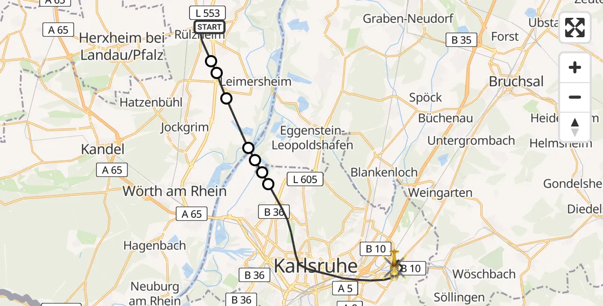 Flugroute Ambulanzhubschrauber Rülzheim - Karlsruhe, 28 Juni 2026, 15:02