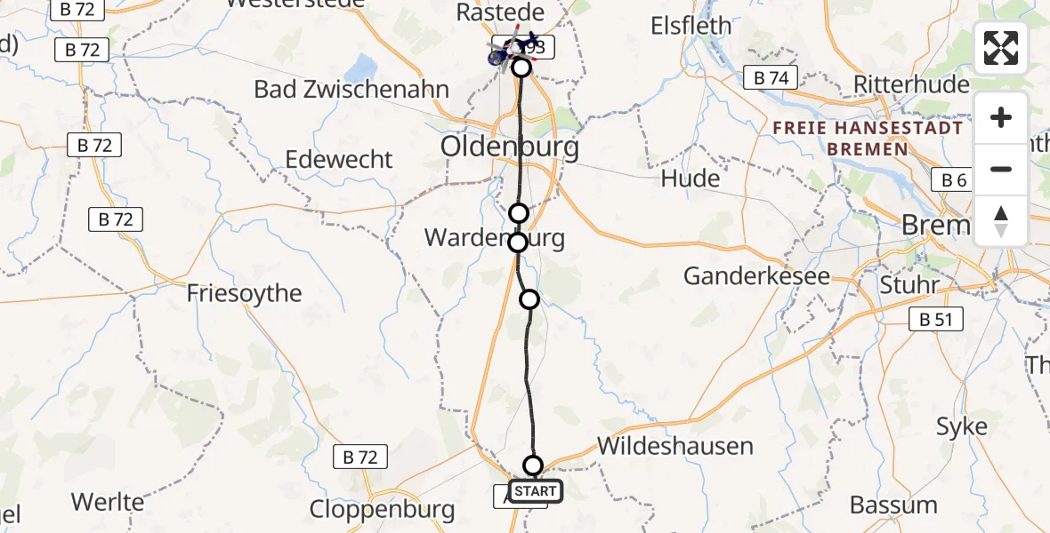 Flugroute Polizeihubschrauber Emstek - Oldenburg Police Hubschrauberlandeplatz, 28 Juni 2026, 15:02