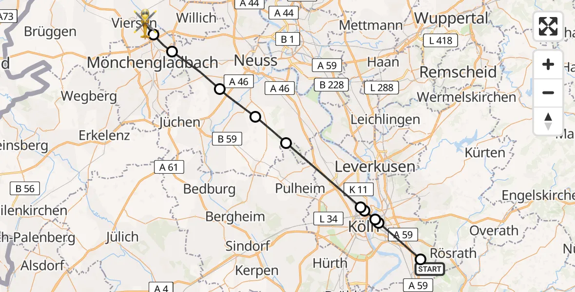 Flugroute Ambulanzhubschrauber Köln Bonn Flughafen - Viersen, 28 Juni 2026, 15:07
