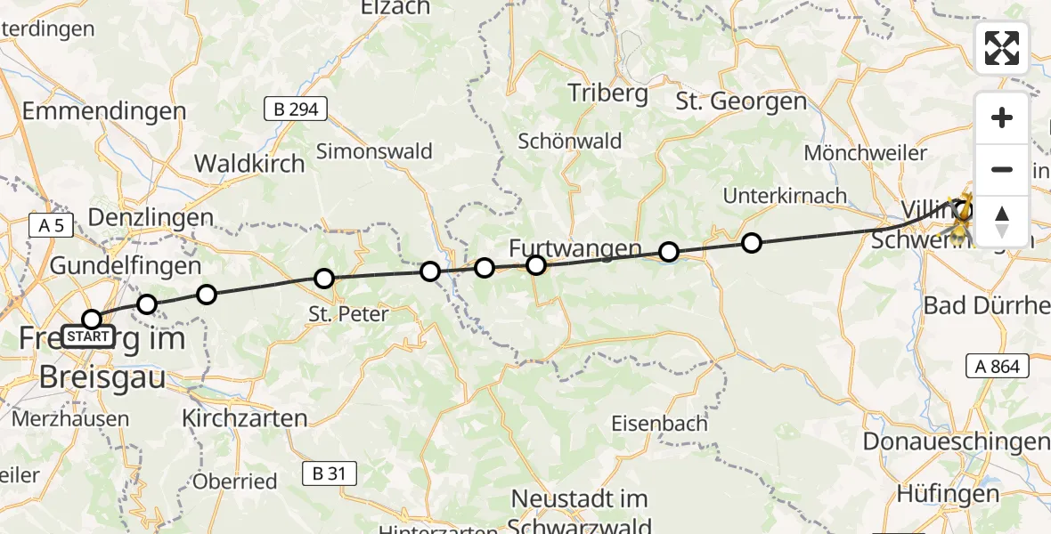 Flugroute Ambulanzhubschrauber Freiburg University Hospital Heliport 1 - DRF Air Rescue Station Villingen-Schwenningen Hubschrauberlandeplatz (Christoph 11), 28 Juni 2026, 15:10