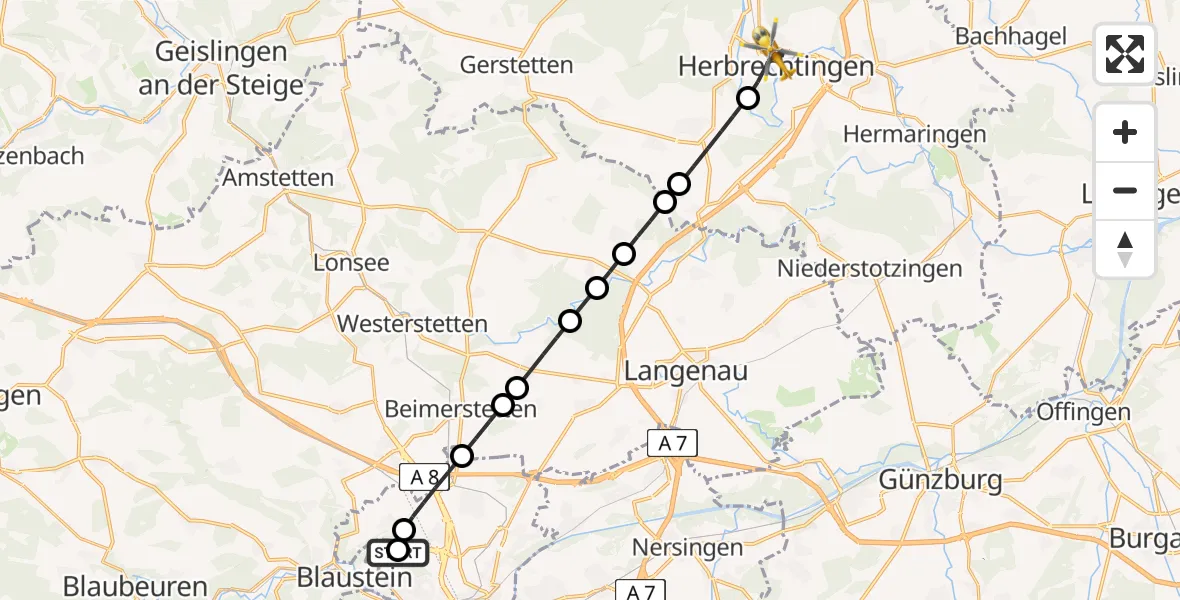 Flugroute Rettungshubschrauber Ulm Military Hospital Emergency - Herbrechtingen, 28 Juni 2026, 15:10