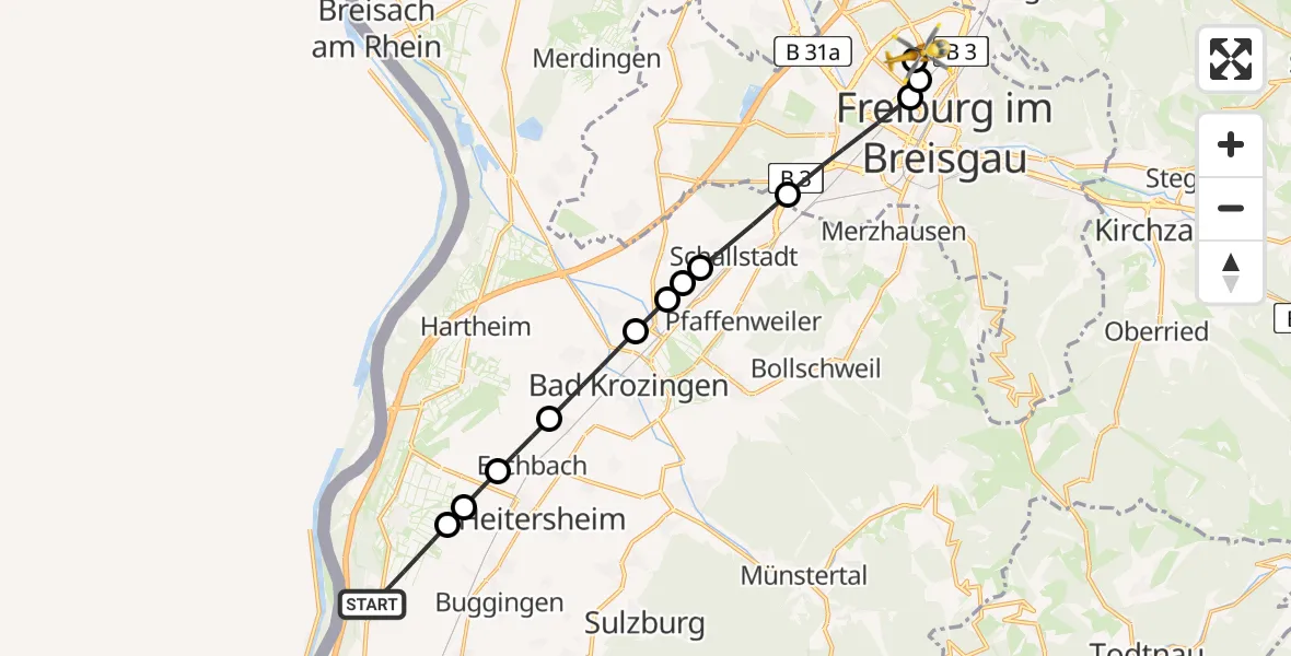 Flugroute Ambulanzhubschrauber Neuenburg am Rhein - Freiburg im Breisgau Flugplatz, 28 Juni 2026, 15:11