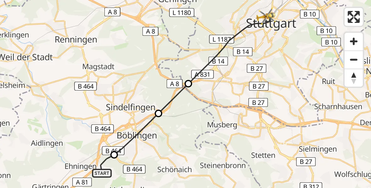 Flugroute Rettungshubschrauber Ehningen - Stuttgart, 28 Juni 2026, 15:12