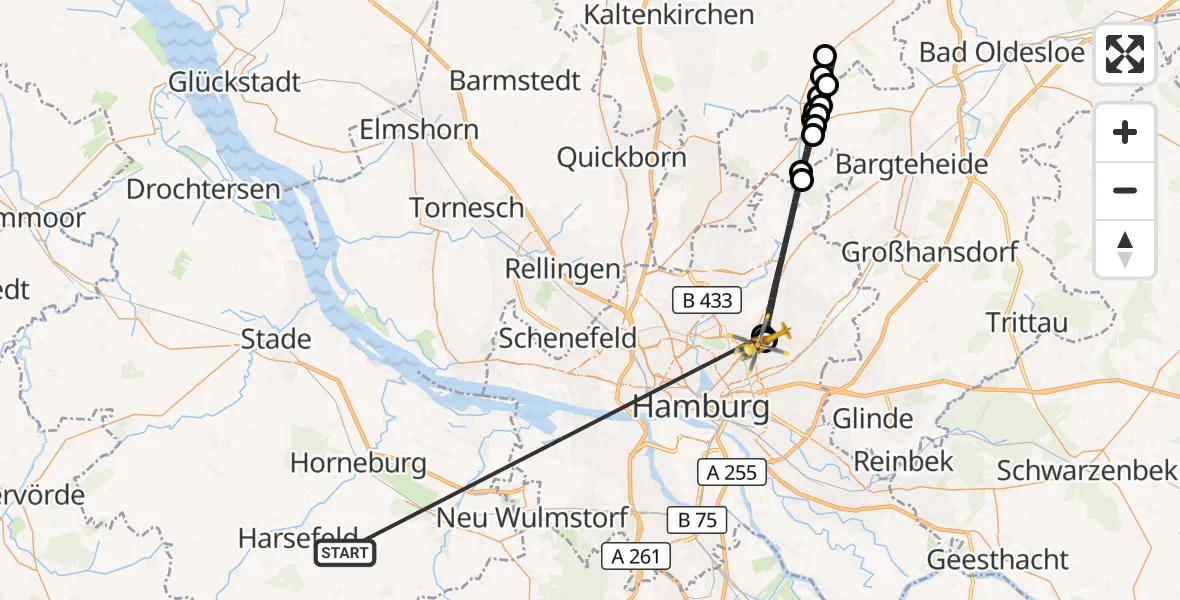 Flugroute Rettungshubschrauber Harsefeld - Hamburg Military Hospital, 28 Juni 2026, 15:17