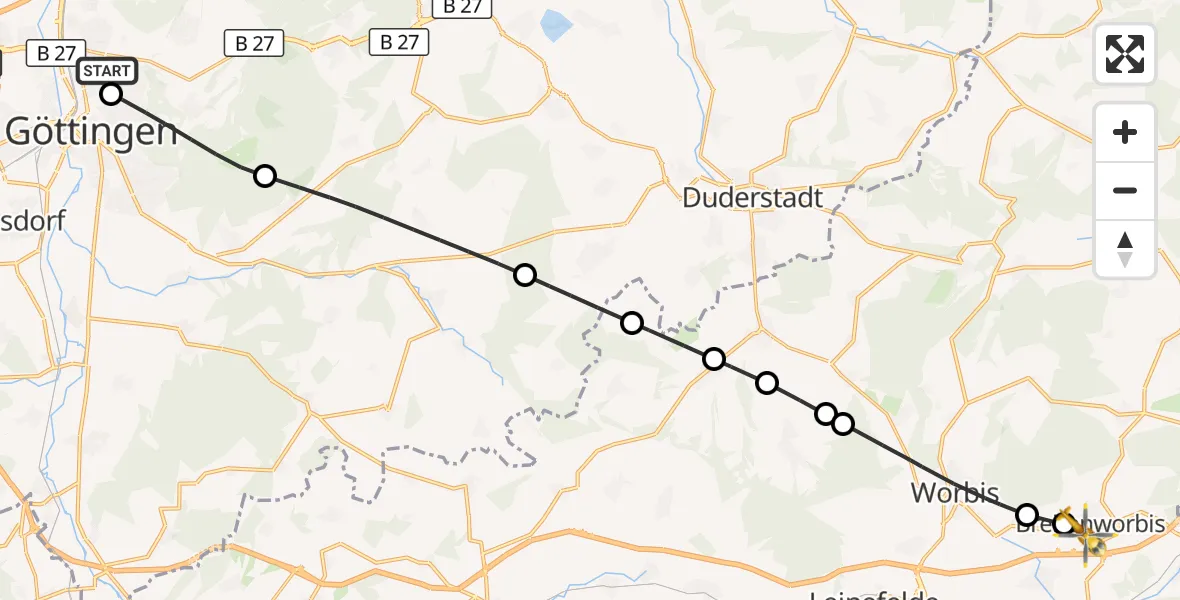 Flugroute Rettungshubschrauber Göttingen University Clinic Hubschrauberlandeplatz - Breitenworbis, 28 Juni 2026, 15:18