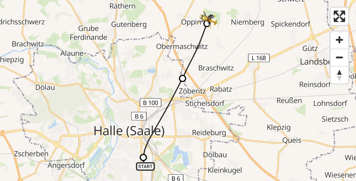 Flugroute Rettungshubschrauber BG Hospital Bergmannstrost Halle - Halle-Oppin Flugplatz, 28 Juni 2026, 15:18