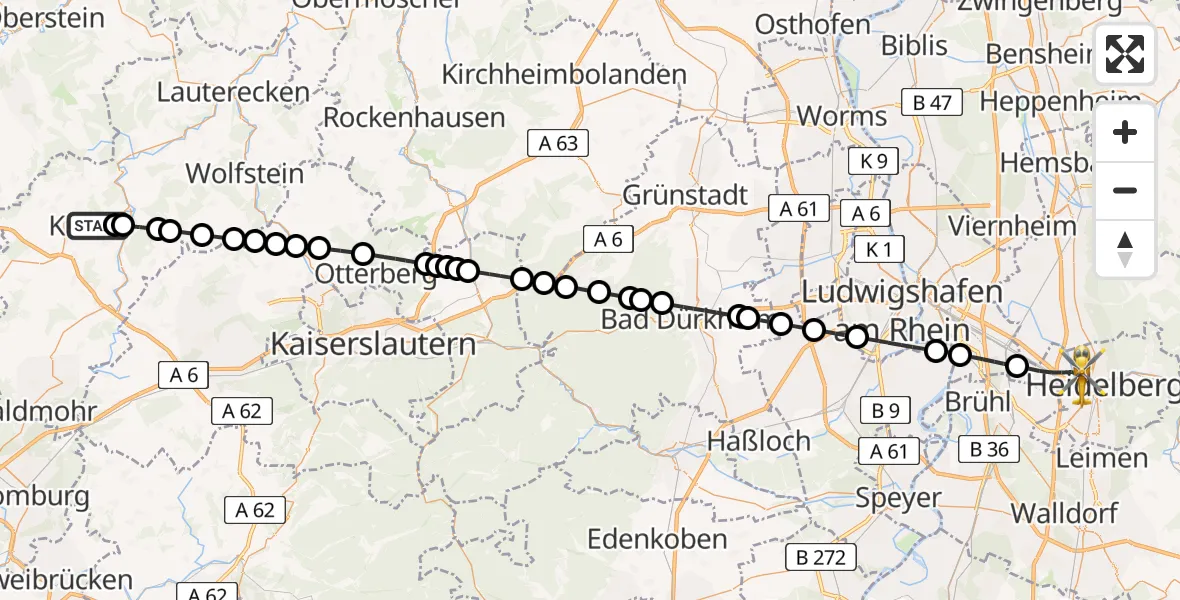 Flugroute Rettungshubschrauber Kusel - Heidelberg, 28 Juni 2026, 15:21