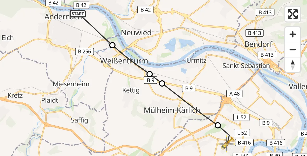 Flugroute Rettungshubschrauber Andernach - Koblenz, 28 Juni 2026, 15:25