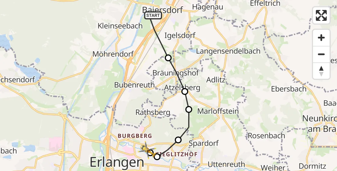 Flugroute Rettungshubschrauber Baiersdorf - Erlangen University Hospital Ebrardstraße, 28 Juni 2026, 15:26