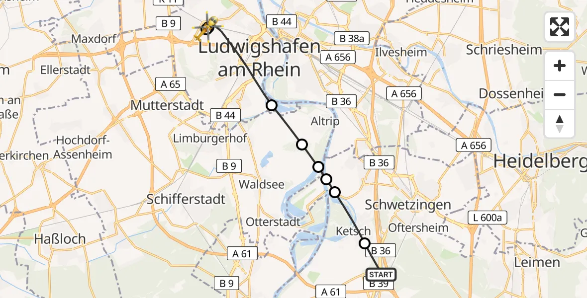 Flugroute Rettungshubschrauber Schwetzingen - Ludwigshafen Accident Hospital, 28 Juni 2026, 15:30