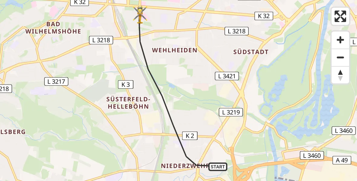 Flugroute Rettungshubschrauber Kassel - Kassel, 28 Juni 2026, 15:35