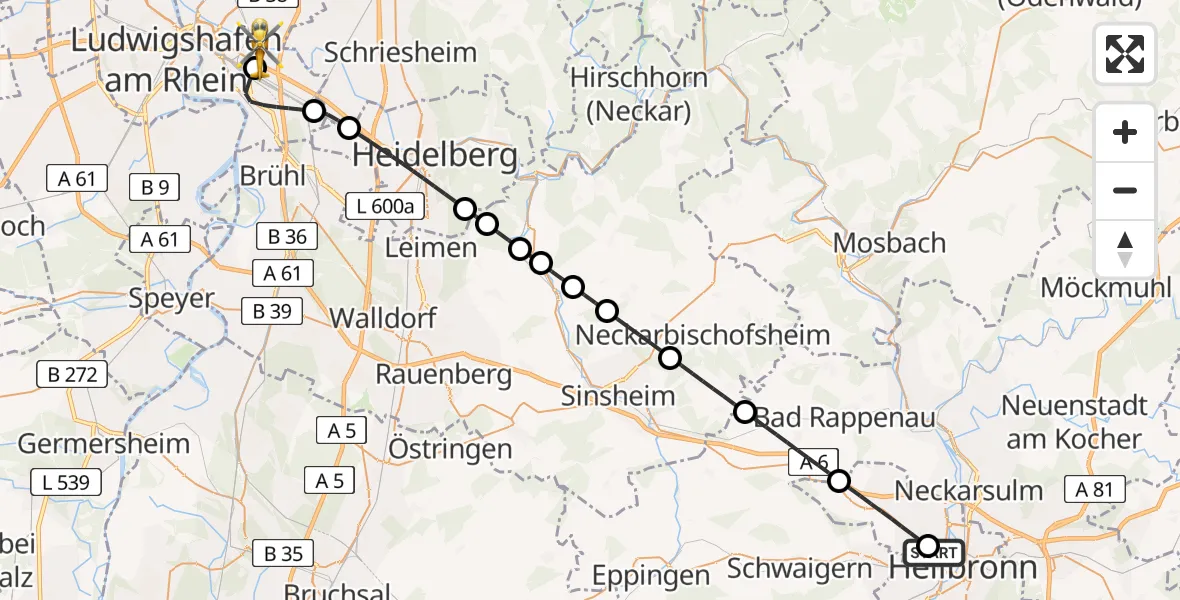 Flugroute Rettungshubschrauber Heilbronn Hospital - Mannheim-City Flughafen, 28 Juni 2026, 15:38