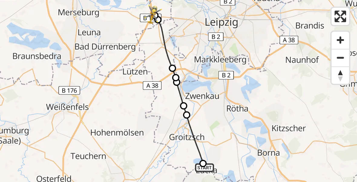 Flugroute Rettungshubschrauber Lucka - ADAC Air Rescue Station Leipzig/Schkeuditz-Dölzig Hubschrauberlandeplatz (Christoph 61), 28 Juni 2026, 15:43