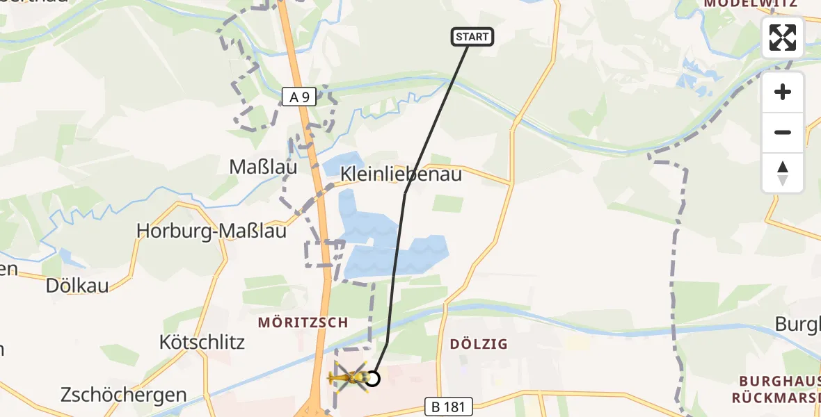 Flugroute Rettungshubschrauber Schkeuditz - ADAC Air Rescue Station Leipzig/Schkeuditz-Dölzig Hubschrauberlandeplatz (Christoph 61), 28 Juni 2026, 15:44