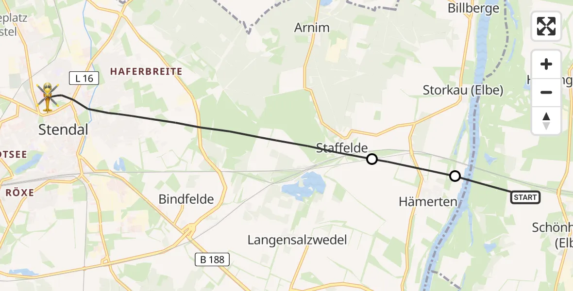 Flugroute Rettungshubschrauber Schönhausen (Elbe) - Stendal, 28 Juni 2026, 15:44