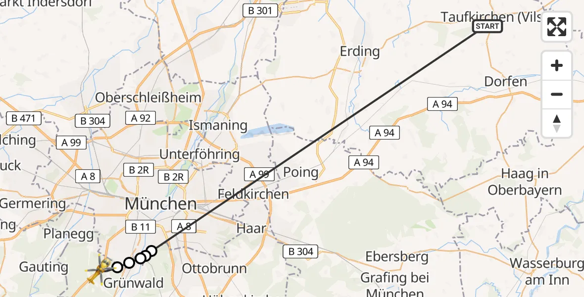 Flugroute Rettungshubschrauber Taufkirchen (Vils) - Forstenrieder Park, 28 Juni 2026, 15:45