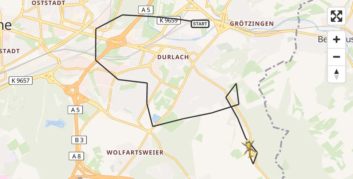 Flugroute Ambulanzhubschrauber Karlsruhe - Karlsruhe, 28 Juni 2026, 15:51