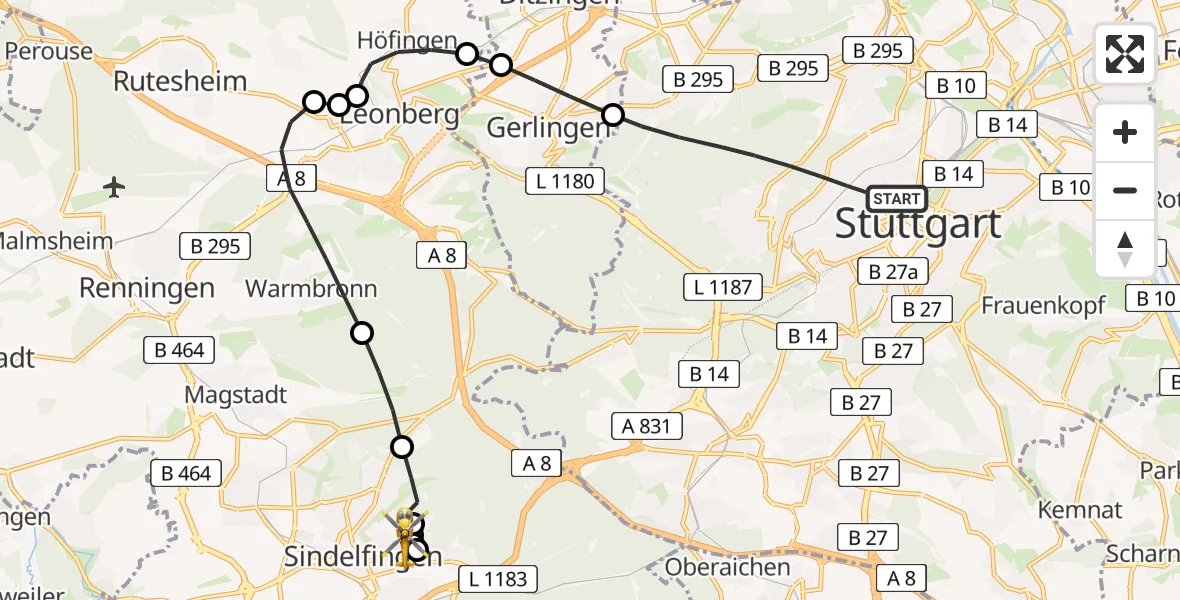 Flugroute Rettungshubschrauber Stuttgart - Sindelfingen, 28 Juni 2026, 15:51