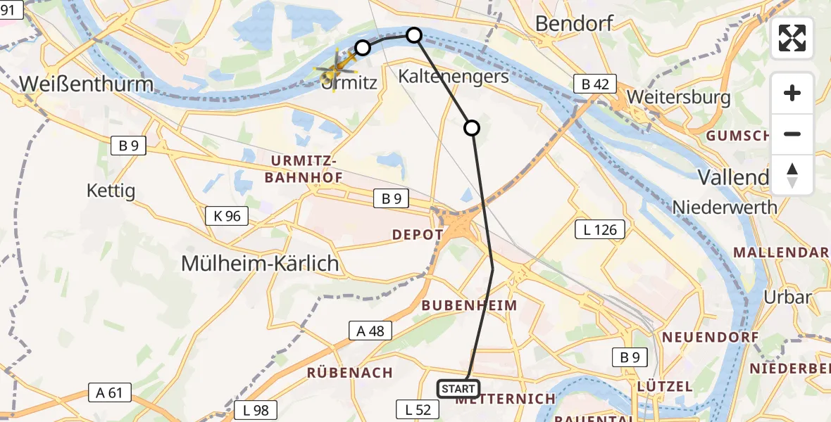 Flugroute Rettungshubschrauber Koblenz - Urmitz, 28 Juni 2026, 15:52