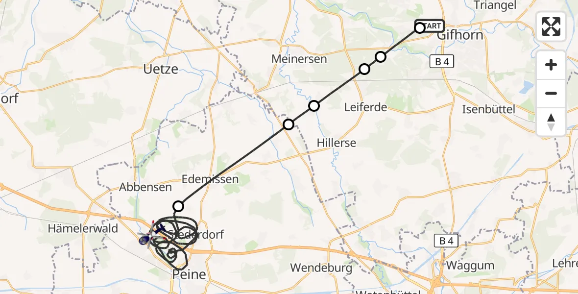 Flugroute Polizeihubschrauber Gifhorn Bundespolizei Hubschrauberlandeplatz - Peine, 28 Juni 2026, 15:53