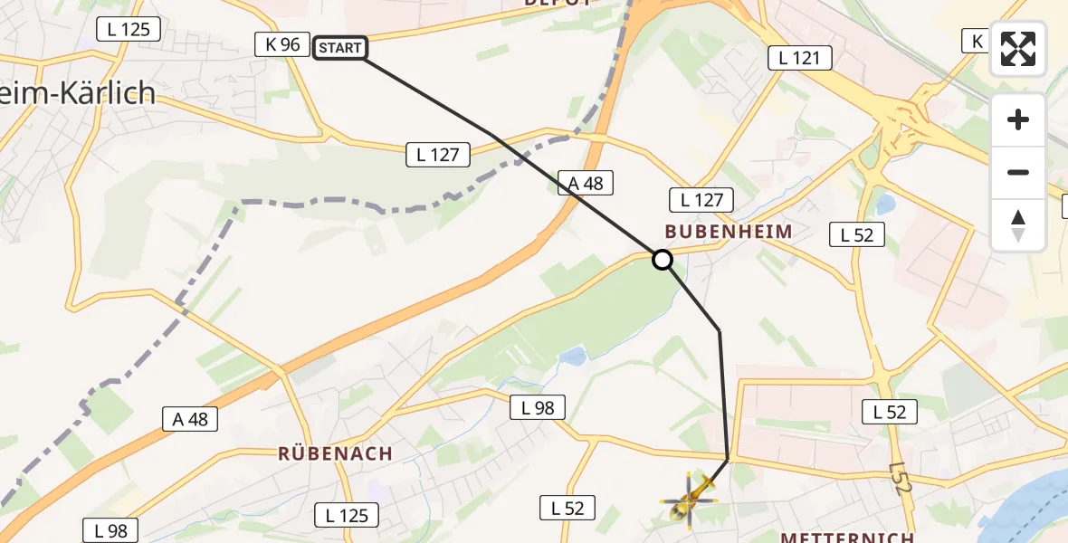 Flugroute Rettungshubschrauber Mülheim-Kärlich - Koblenz, 28 Juni 2026, 15:58