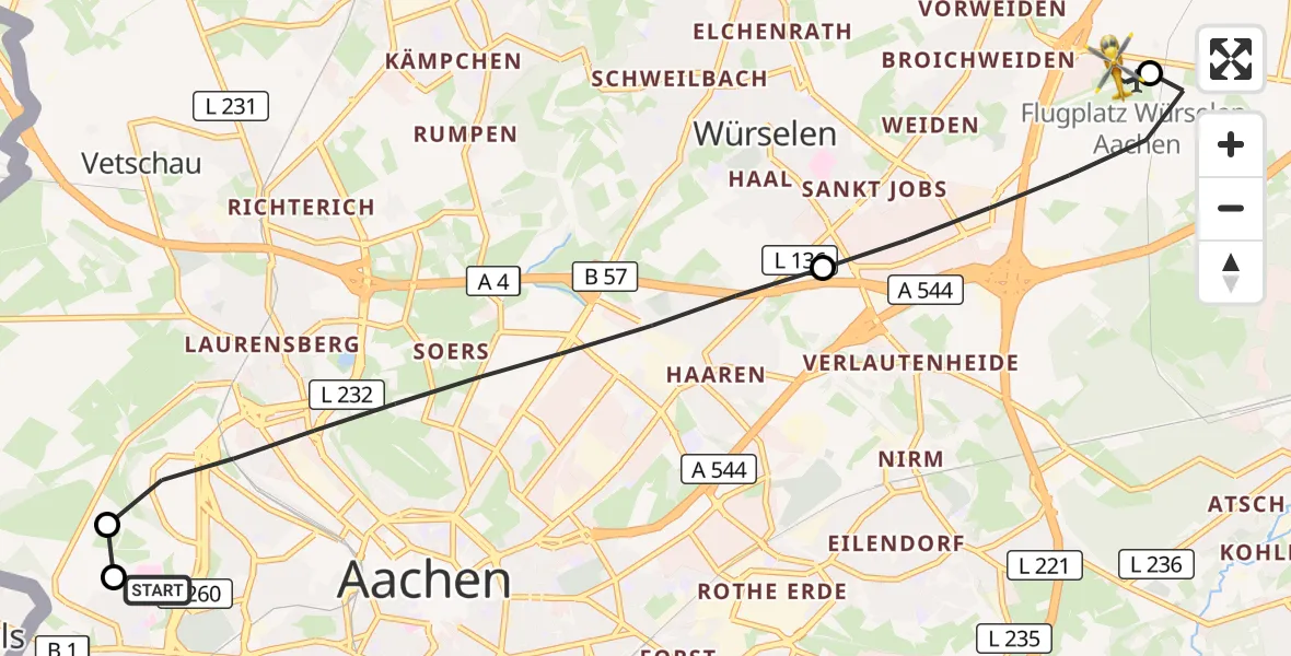 Flugroute Rettungshubschrauber Aachen Hospital - Aachen-Merzbrück Flughafen, 28 Juni 2026, 15:59