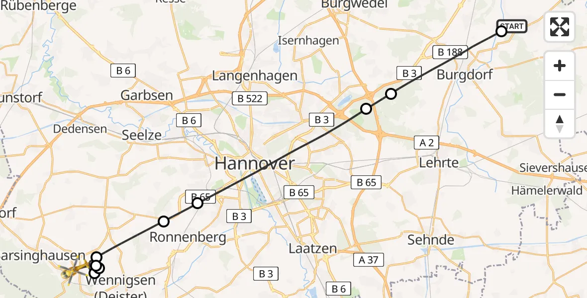 Flugroute Rettungshubschrauber Uetze - Barsinghausen, 28 Juni 2026, 16:02