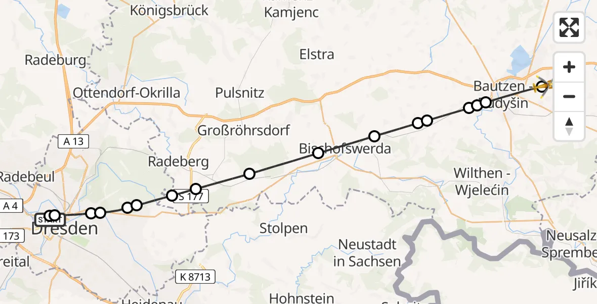 Flugroute Rettungshubschrauber Dresden Friedrichstadt Hospital - Kubschütz, 28 Juni 2026, 16:02