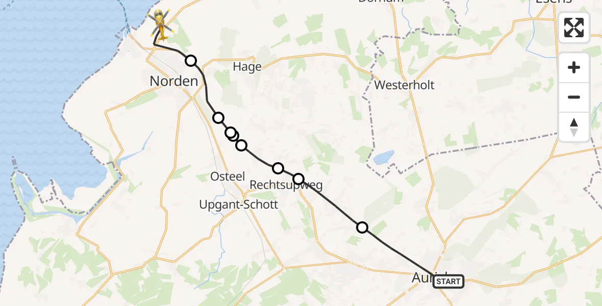 Flugroute Ambulanzhubschrauber Aurich - Norden-Norddeich Flughafen, 28 Juni 2026, 16:13