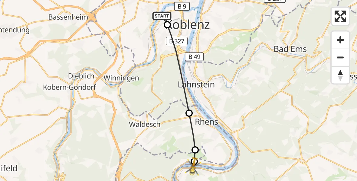 Flugroute Rettungshubschrauber Kemperhof Koblenz Klinikum Hubschrauberlandeplatz - Freiwillige Feuerwehr Osterspai Hubschrauberlandeplatz, 28 Juni 2026, 16:14