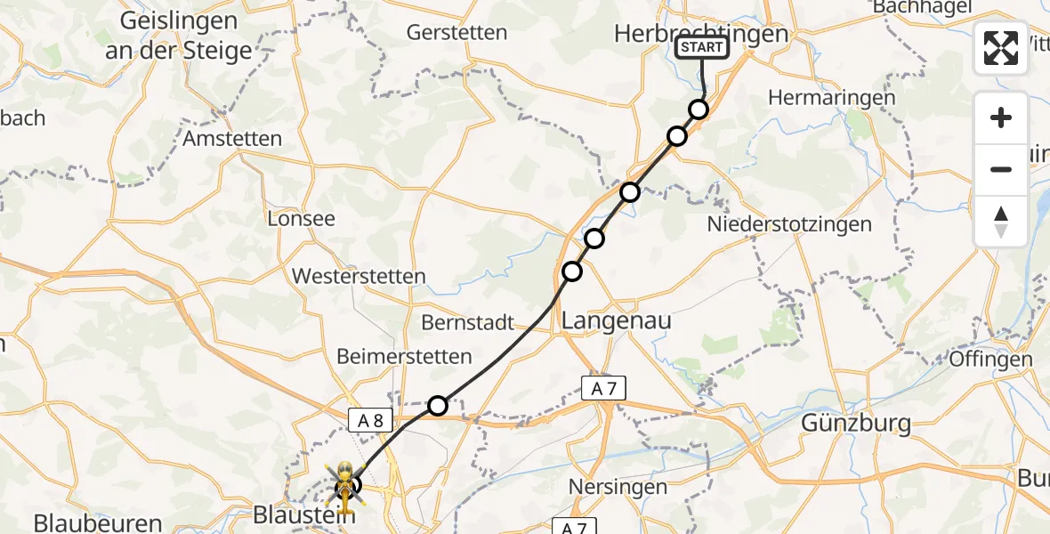 Flugroute Rettungshubschrauber Herbrechtingen - ADAC Air Rescue Station Ulm (Christoph 22), 28 Juni 2026, 16:25