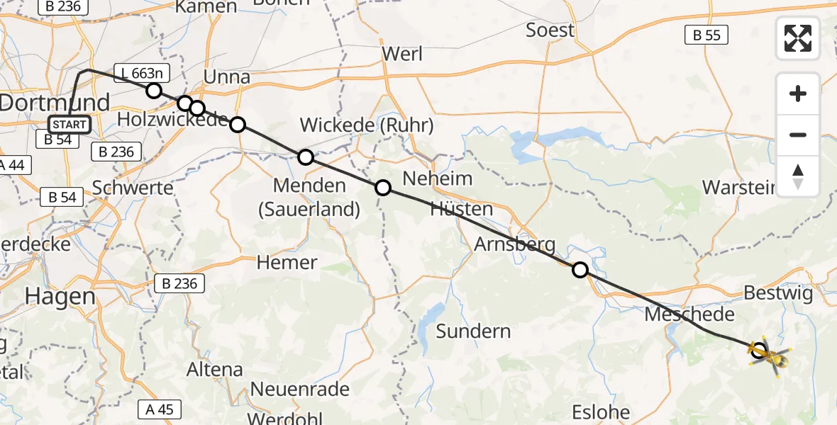 Flugroute Rettungshubschrauber Dortmund - Bestwig, 28 Juni 2026, 16:25
