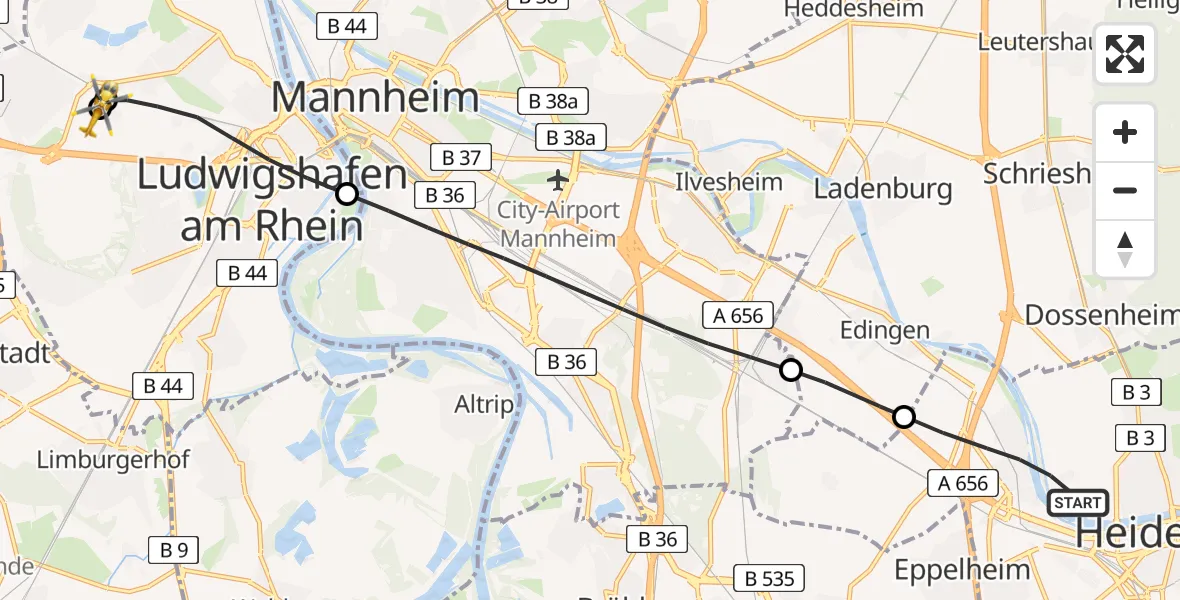 Flugroute Rettungshubschrauber Heidelberg - Ludwigshafen Accident Hospital, 28 Juni 2026, 16:26