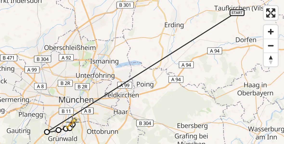 Flugroute Rettungshubschrauber Taufkirchen (Vils) - ADAC Air Rescue Center Hubschrauberlandeplatz (Christoph 1), 28 Juni 2026, 16:26