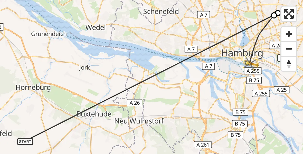 Flugroute Rettungshubschrauber Harsefeld - Hamburg, 28 Juni 2026, 16:27
