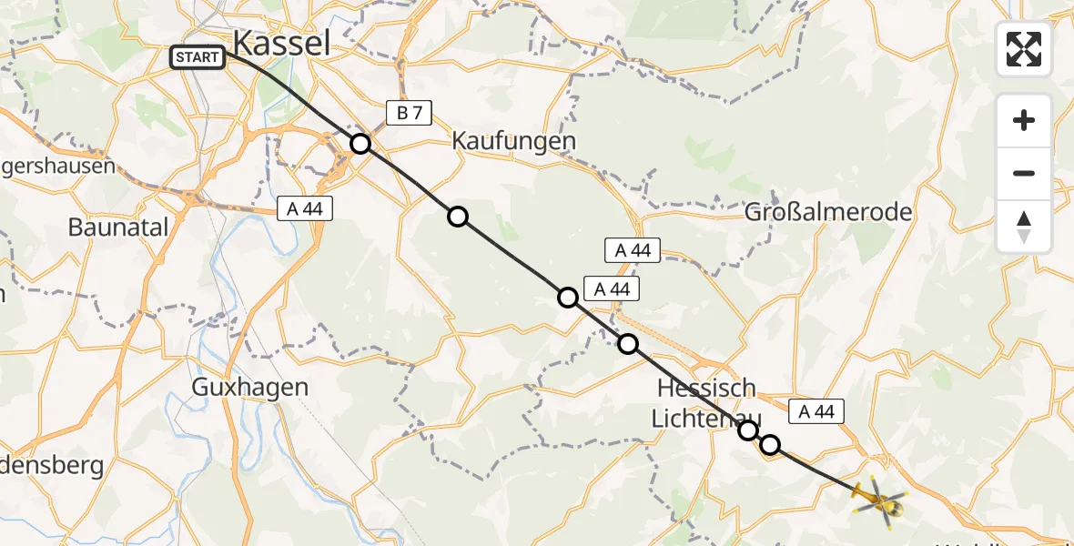 Flugroute Rettungshubschrauber Kassel - Waldkappel, 28 Juni 2026, 16:27